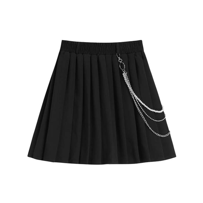 Gothic Chain Pure Color Pleated Skirt - Black / S