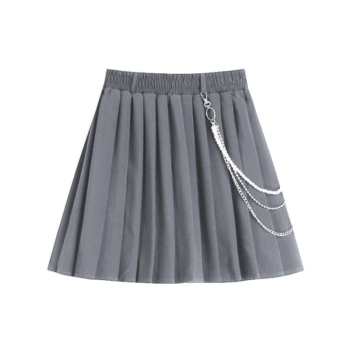 Gothic Chain Pure Color Pleated Skirt - Gray / S