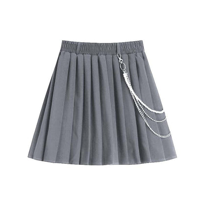 Gothic Chain Pure Color Pleated Skirt - Gray / S