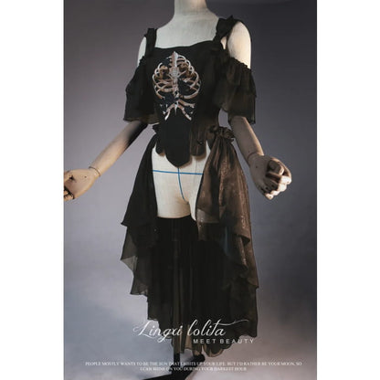 (BFM)Lingxi Lolita~Bone island Gothic Lolita Corset Goth Blouse Skirt Set   