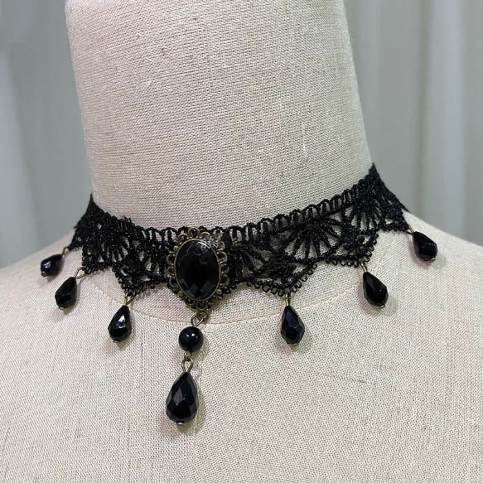 Gothic Punk Retro Lace Crystal Lolita Chocker - B / One Size