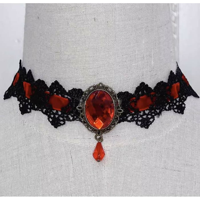 Gothic Punk Retro Lace Crystal Lolita Chocker - E / One Size