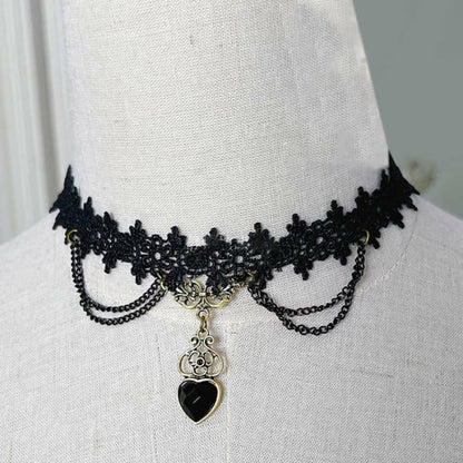 Gothic Punk Retro Lace Crystal Lolita Chocker - H / One Size