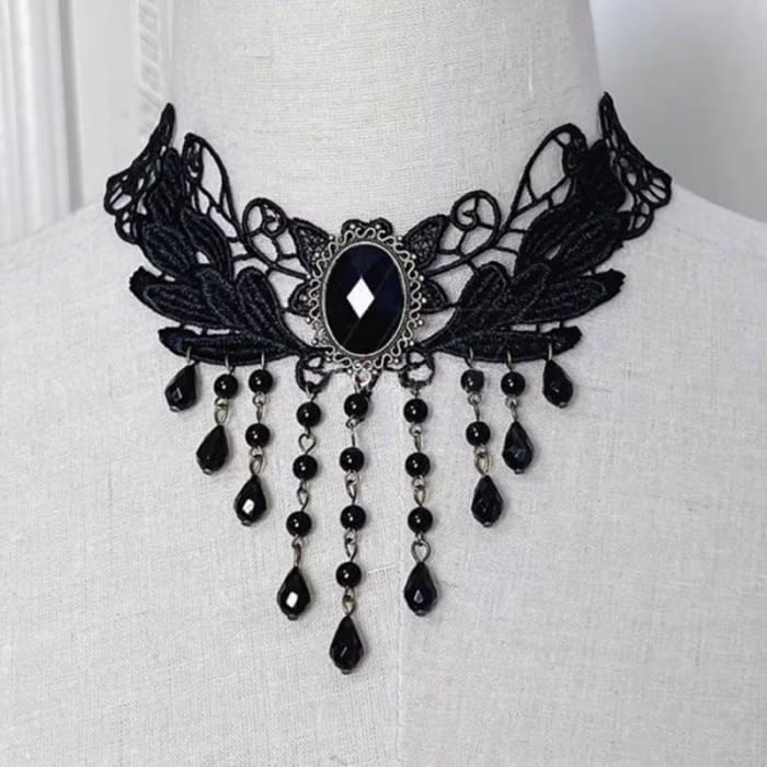 Gothic Punk Retro Lace Crystal Lolita Chocker - M / One Size