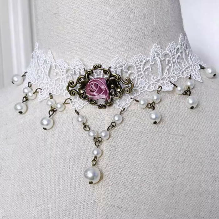 Gothic Punk Retro Lace Crystal Lolita Chocker - Q / One Size