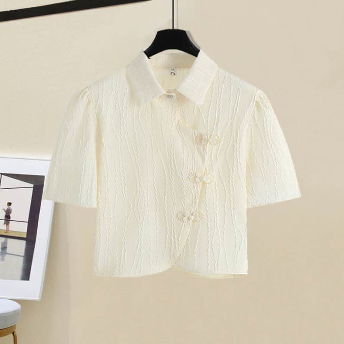 Graceful Hanfu Buckle T-Shirt Lace Up Graghic Print Pleated