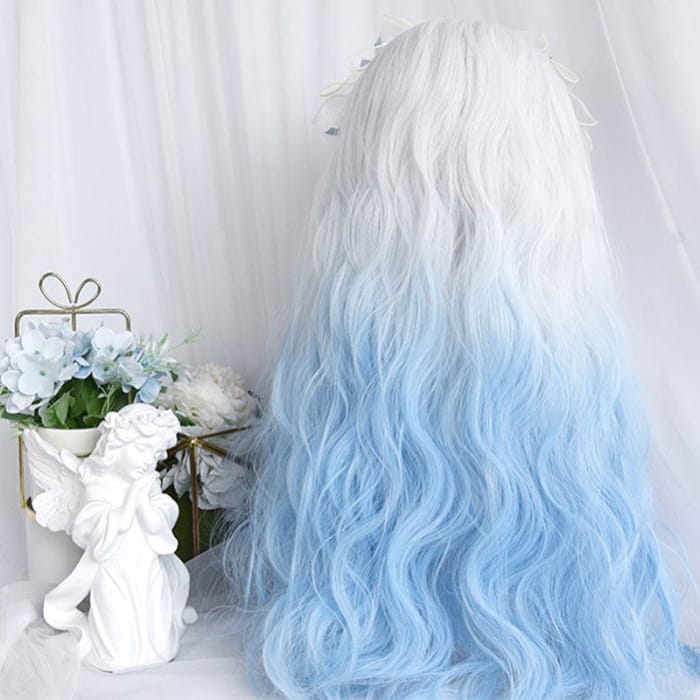 Gradient Blue Long Straight Curly Wig With Bangs