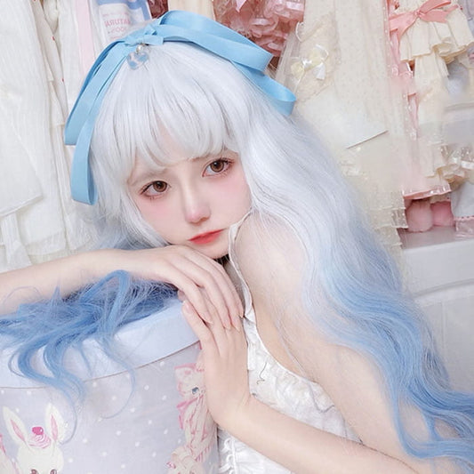 Gradient Blue Long Straight Curly Wig With Bangs