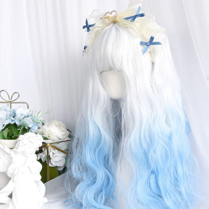 Gradient Blue Long Straight Curly Wig With Bangs