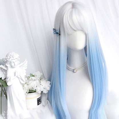 Gradient Blue Long Straight Curly Wig With Bangs - One Size