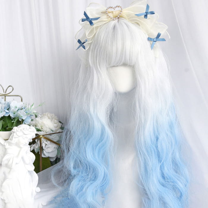 Gradient Blue Long Straight Curly Wig With Bangs - One Size