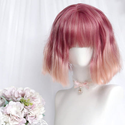 Gradient Pink Short Straight Ponytails Wig With Bangs - B