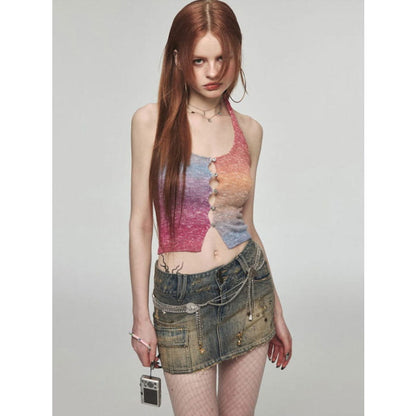 Gradient Rainbow Knit Halter Top - Tops