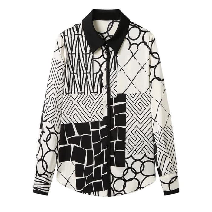 Graphic Print Lapel Shirt Workwear - Black&White / M