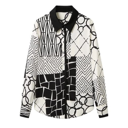 Graphic Print Lapel Shirt Workwear - Black&White / M