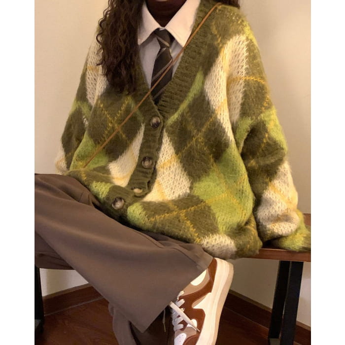 Green Argyle Cardigan Sweater