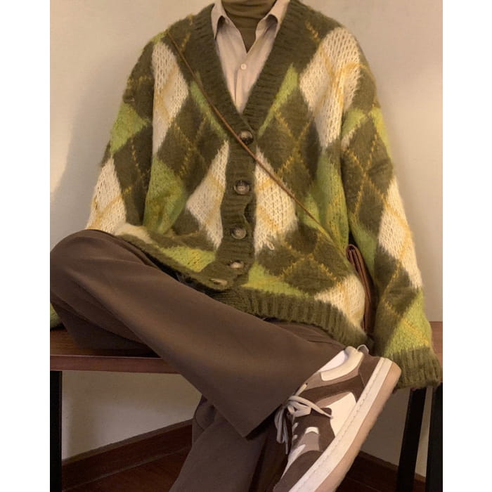 Green Argyle Cardigan Sweater