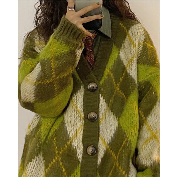 Green Argyle Cardigan Sweater