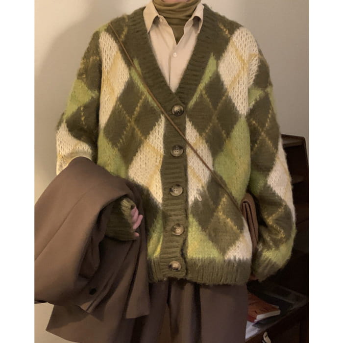 Green Argyle Cardigan Sweater