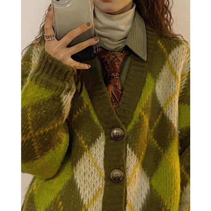 Green Argyle Cardigan Sweater