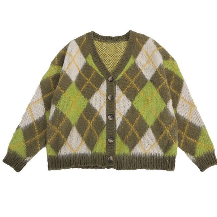 Green Argyle Cardigan Sweater - M