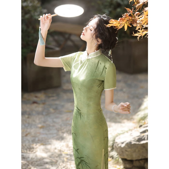 Green Bamboo Cheongsam Dress - Female Hanfu