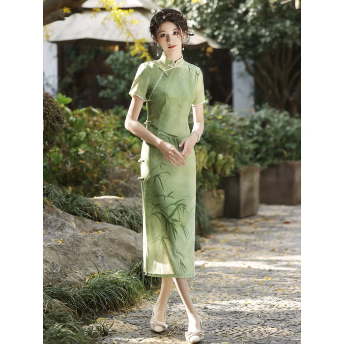 Green Bamboo Cheongsam Dress - Female Hanfu