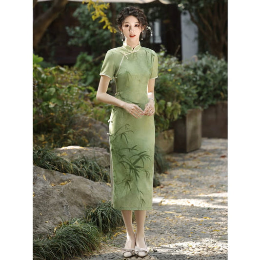Green Bamboo Cheongsam Dress - S - Female Hanfu