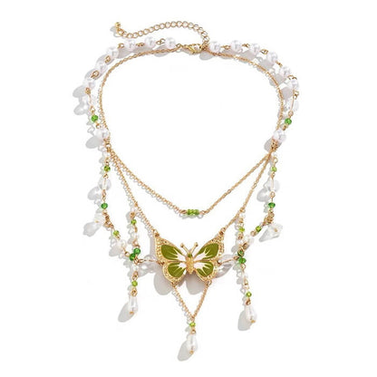 Green Butterfly Aesthetic Layered Necklace - Standart