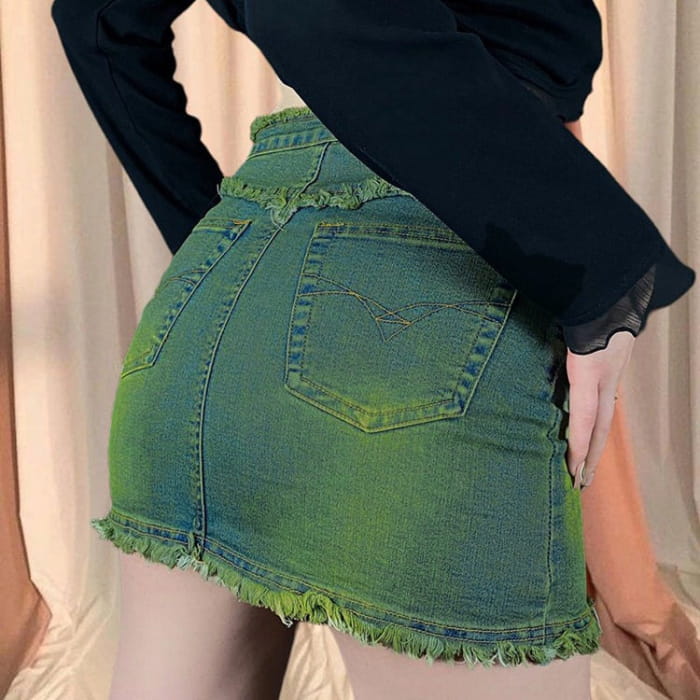 Green Butterfly Denim Skirt