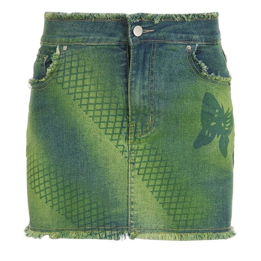 Green Butterfly Denim Skirt - S