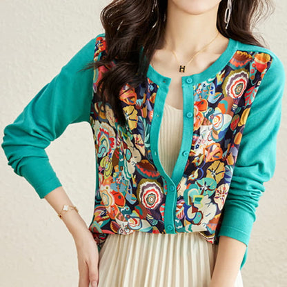 Green Crew Neck Knitted Flowers Cardigan