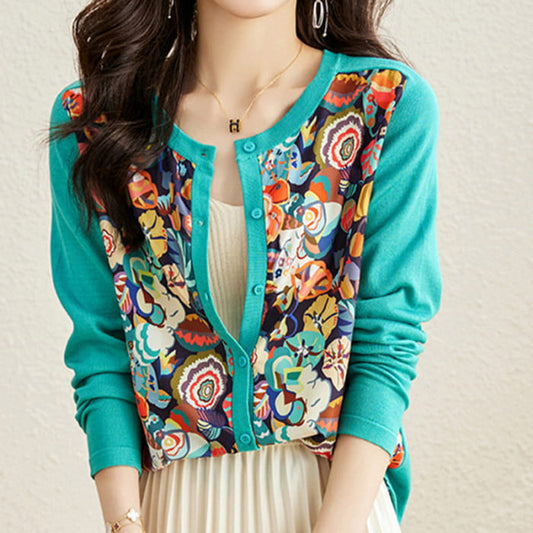 Green Crew Neck Knitted Flowers Cardigan - M