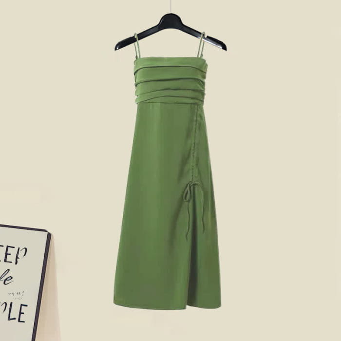Green Crop Cardigan Sweater Drawstring Split Slip Dress - M