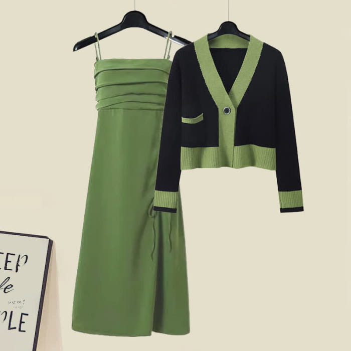 Green Crop Cardigan Sweater Drawstring Split Slip Dress