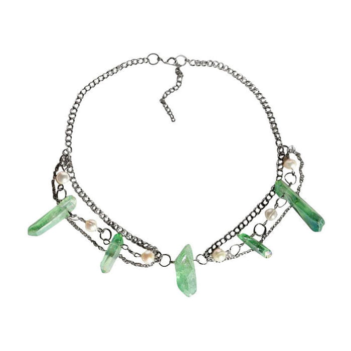 Green Crystal Layered Necklace - Standart / Silver/green