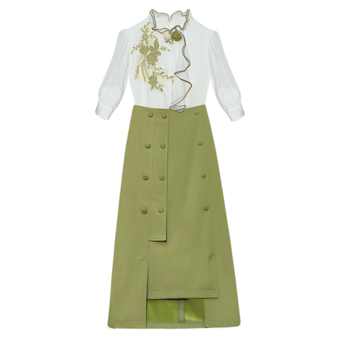 Green Embroidery Shirt Irregular Skirt Set - S