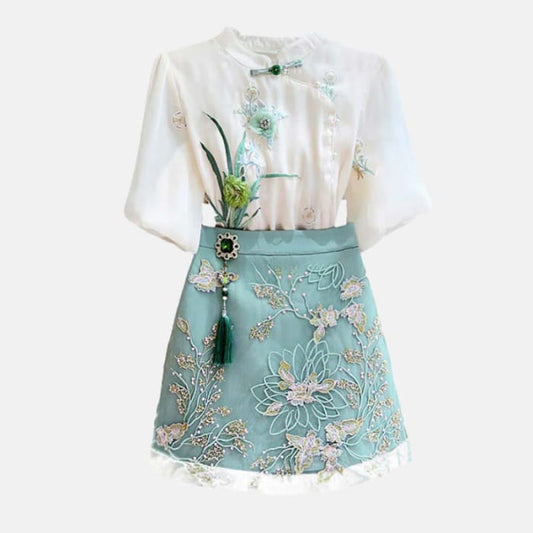 Green Floral Embroidery Shirt Skirt Set - S