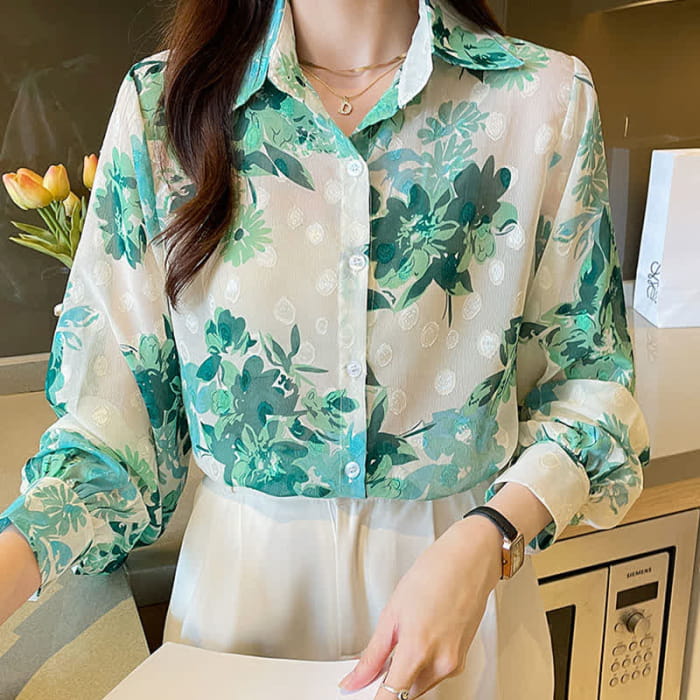 Green Floral Print Puff Sleeve Chiffon Shirt