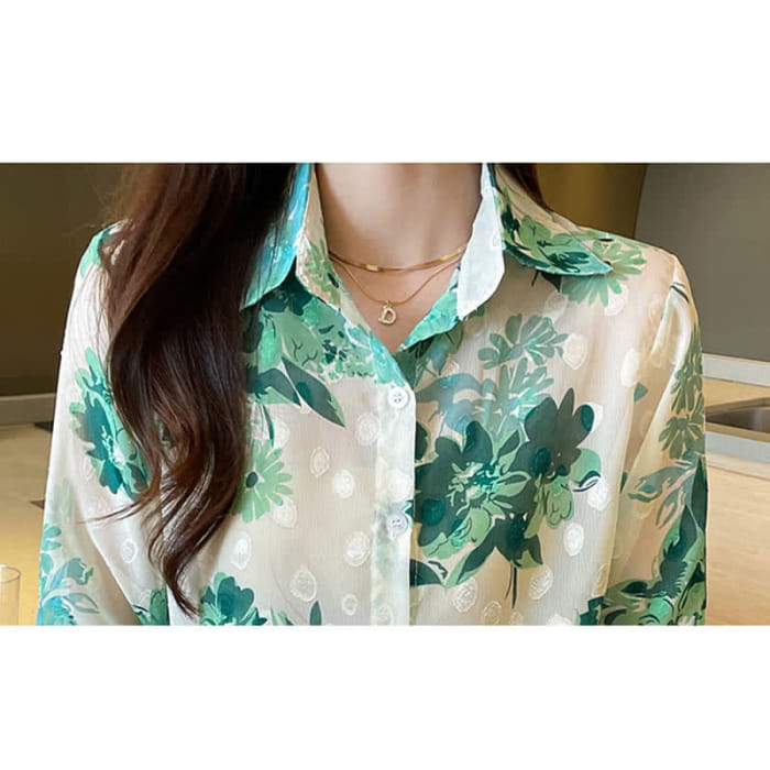 Green Floral Print Puff Sleeve Chiffon Shirt