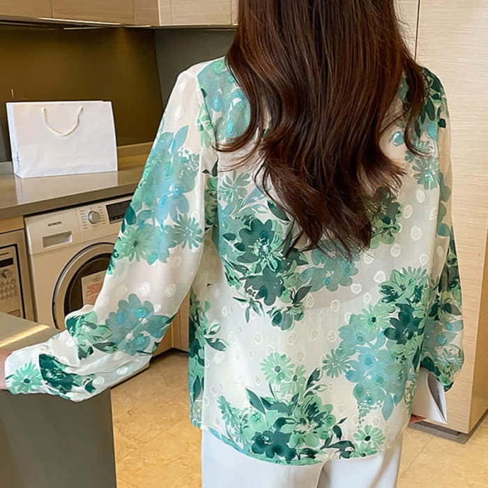 Green Floral Print Puff Sleeve Chiffon Shirt