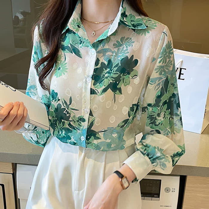 Green Floral Print Puff Sleeve Chiffon Shirt - M