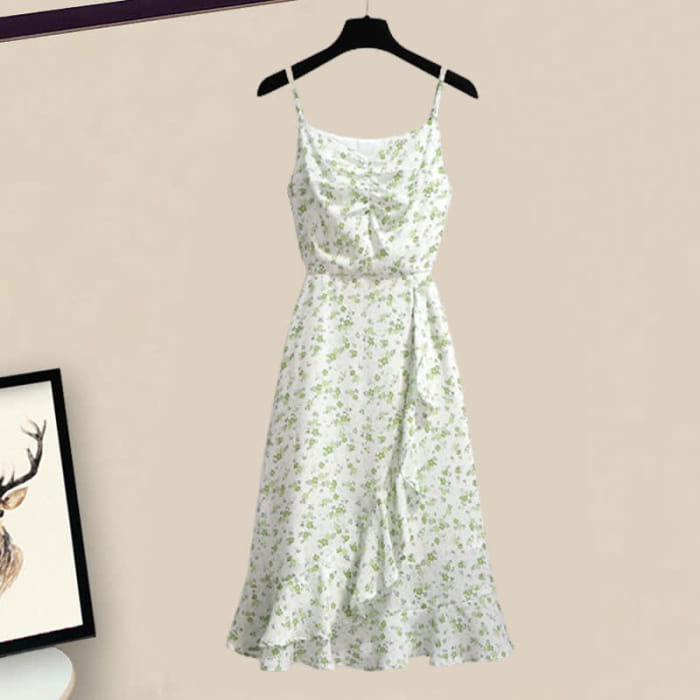 Green Floral Print Slip Dress Set - M