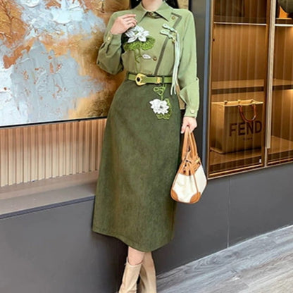 Green Flower Tassel Shirt Blossom Print Skirt Set