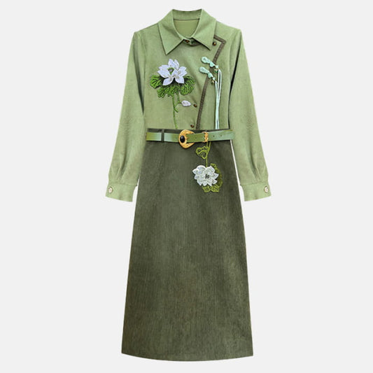 Green Flower Tassel Shirt Blossom Print Skirt Set - S