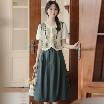 Green Graphic Embroidery Puff Sleeve T-Shirt High Waist