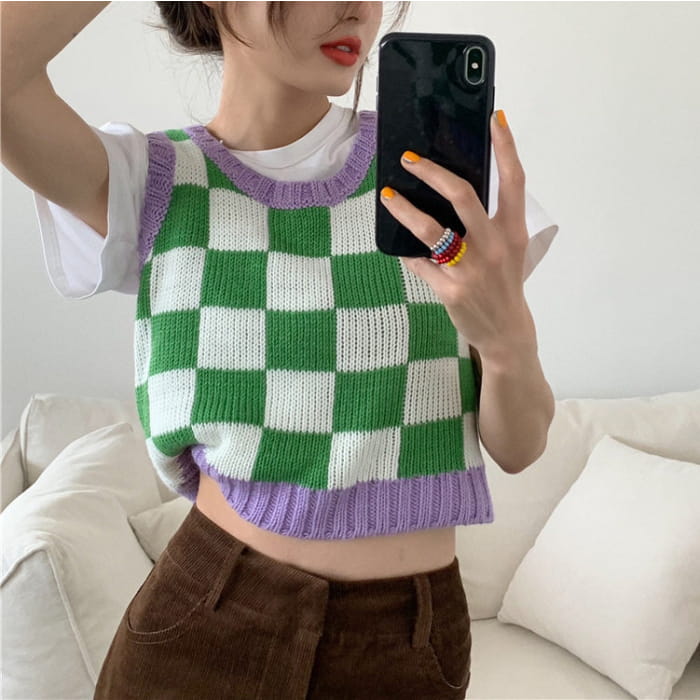 Green Lavender Checkered Vest - Free Size / Green/purple