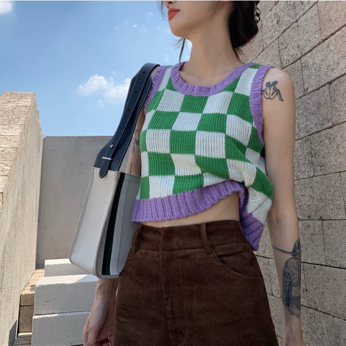 Green Lavender Checkered Vest - Free Size / Green/purple