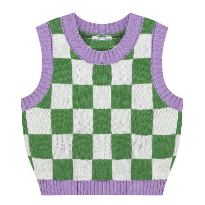 Green Lavender Checkered Vest - Free Size / Green/purple