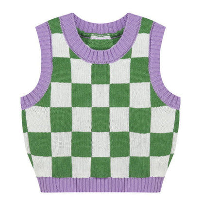 Green Lavender Checkered Vest - Free Size / Green/purple